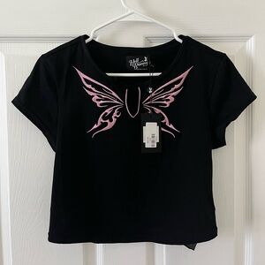 Hell Bunny Black Short Sleeve Tee with Pink Wing Graphic